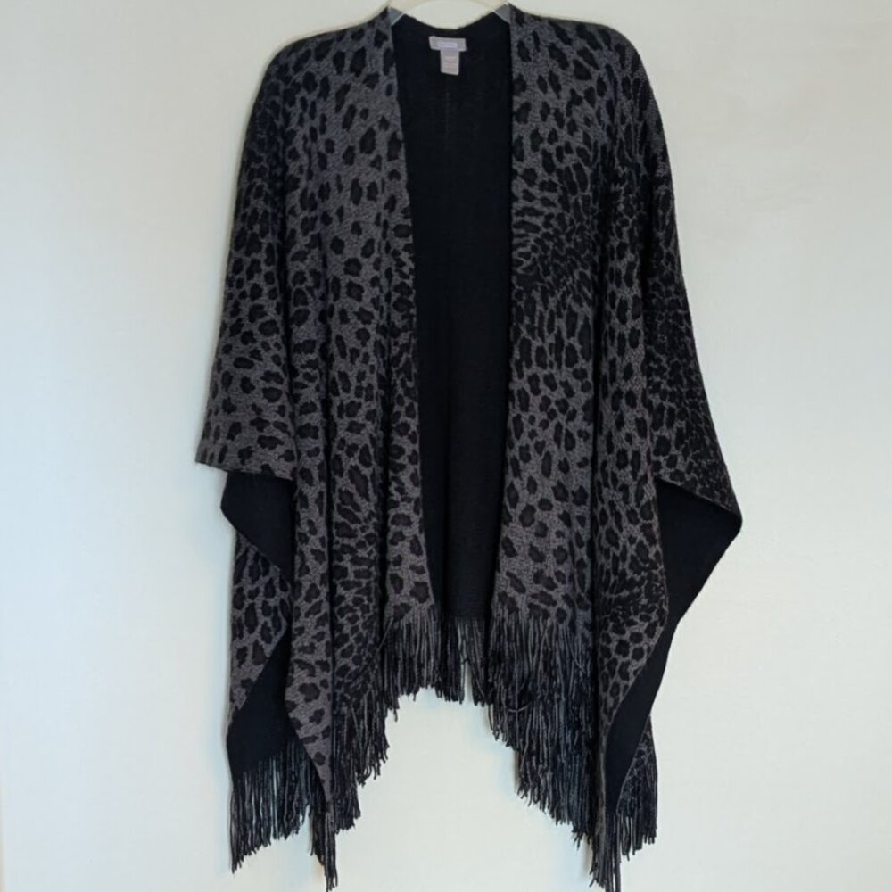 Chico's Knitted Gray, Black & Brown Leopard Skin Cape | Shawl | One Size